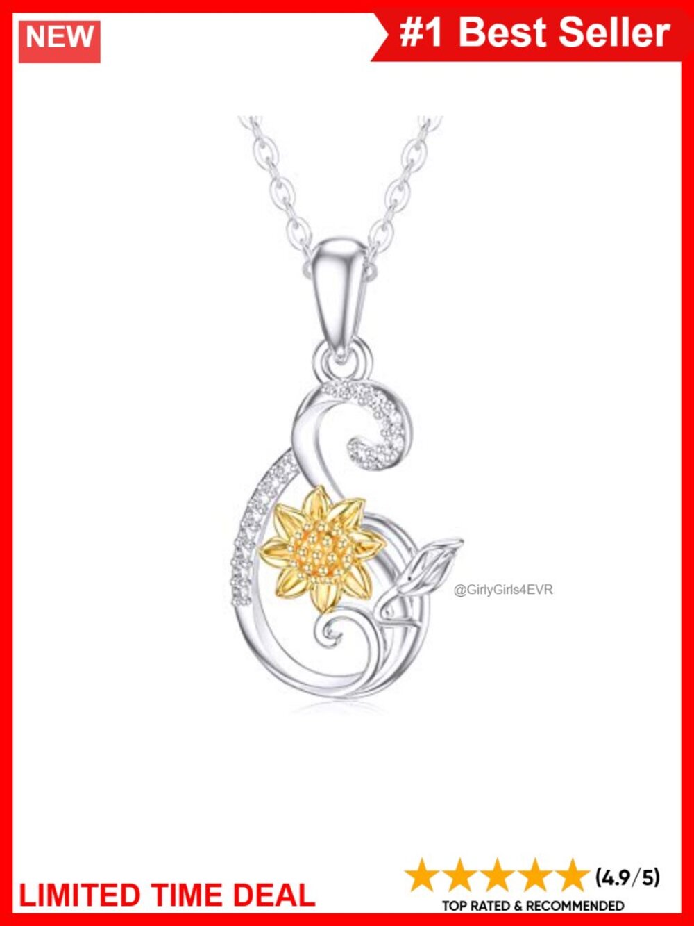 Sterling Silver Sunflower Diamond Heart Necklace 16-18 Inch
